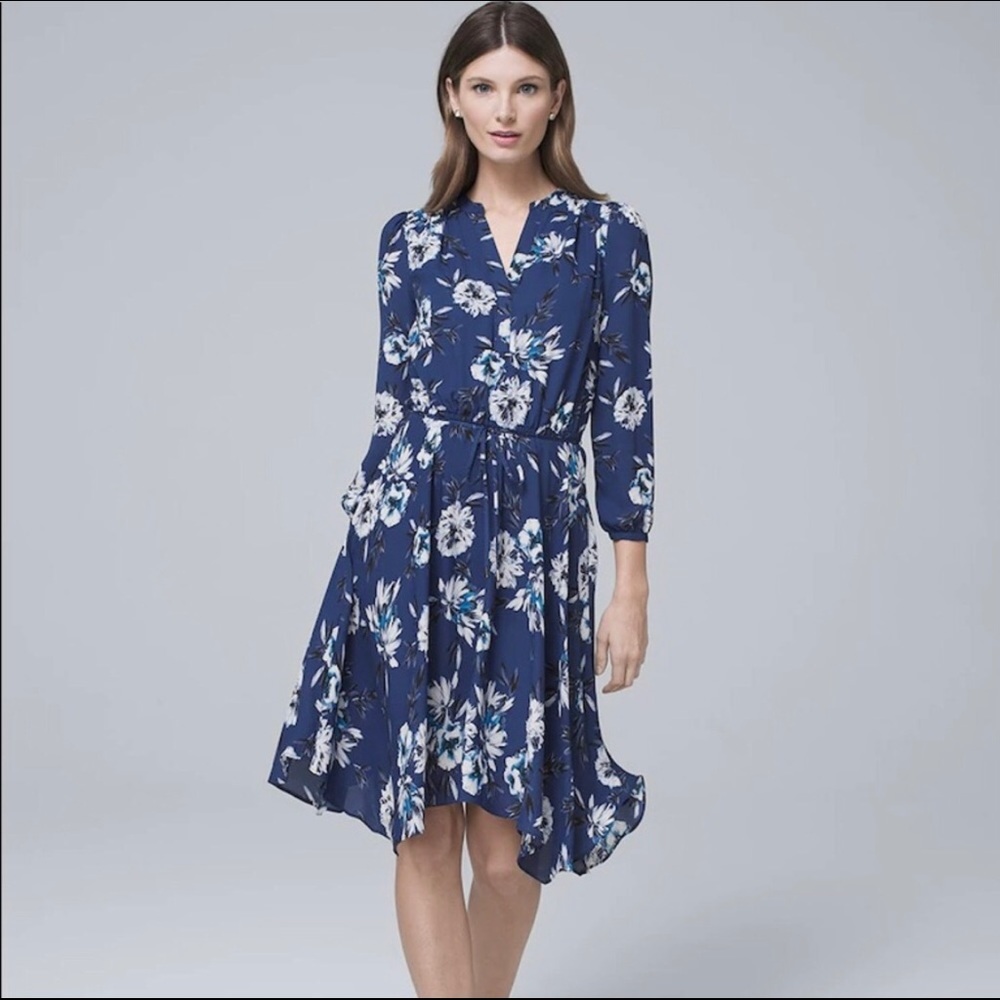 WHBM Blue Floral Print Soft Blouson Dress 4P